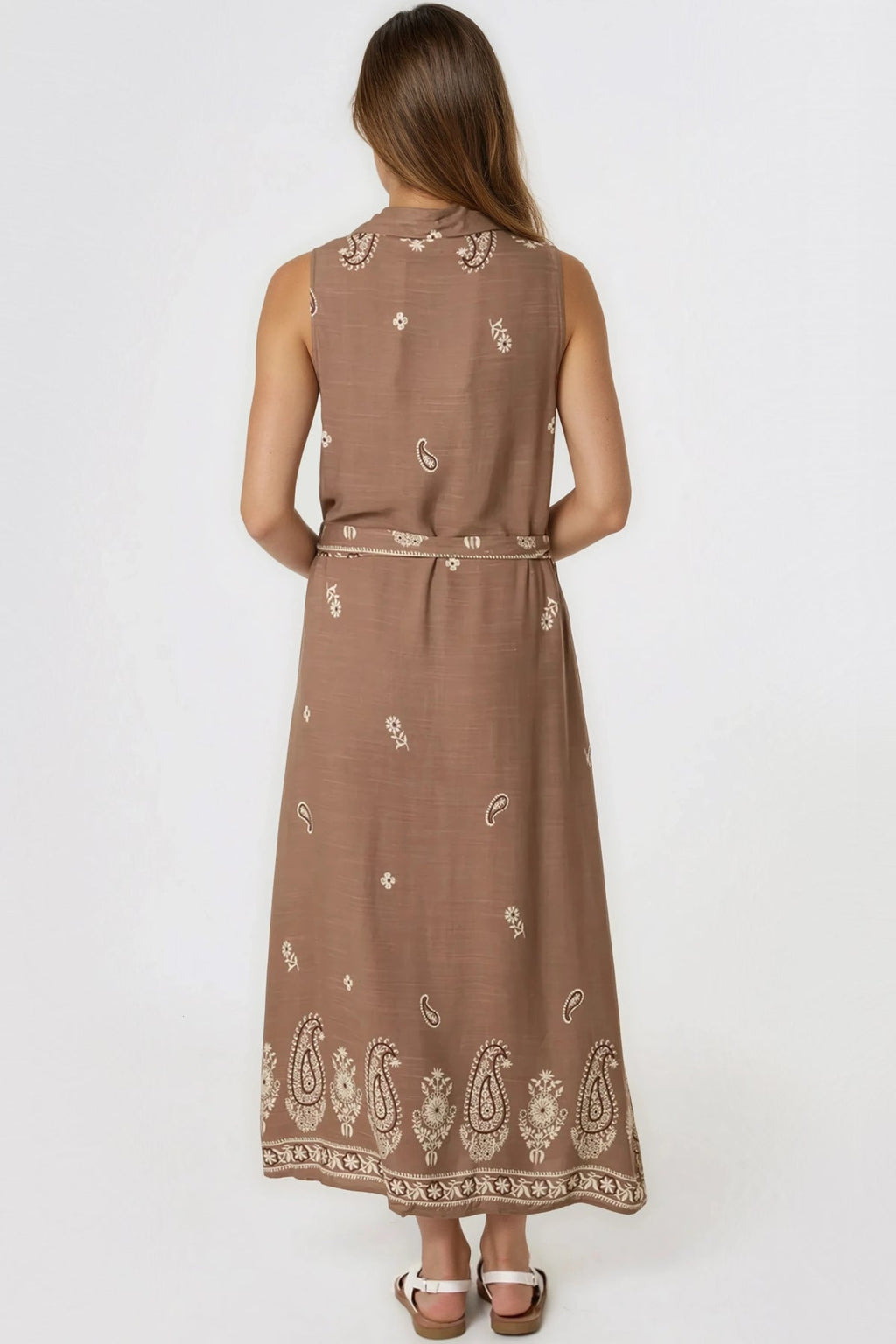 Brown Embroidered Buttoned Front Maxi Dress
