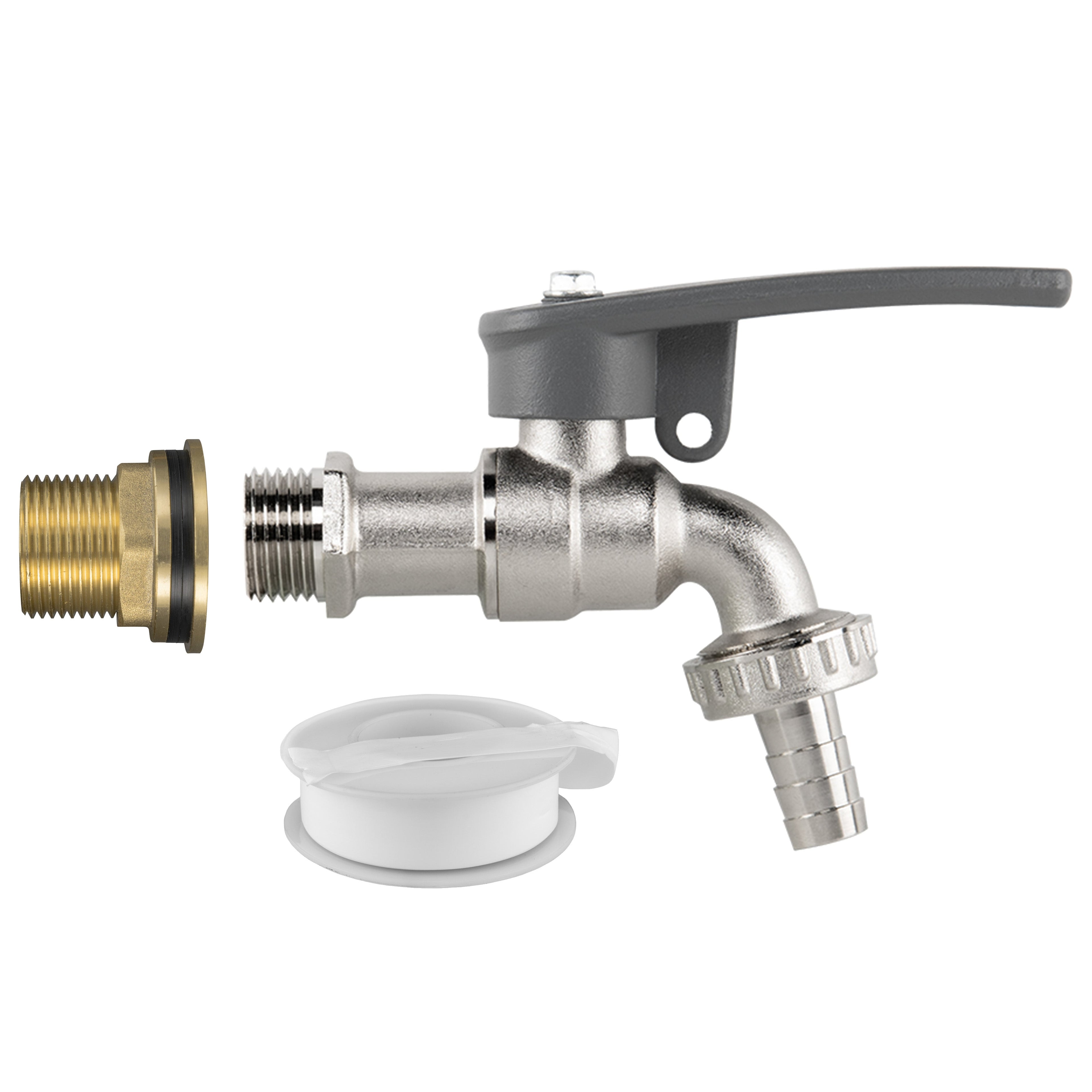 Water Butt Brass Kit 3/4in with Lever Tap Hose Barb and Side Lock Barb Connector