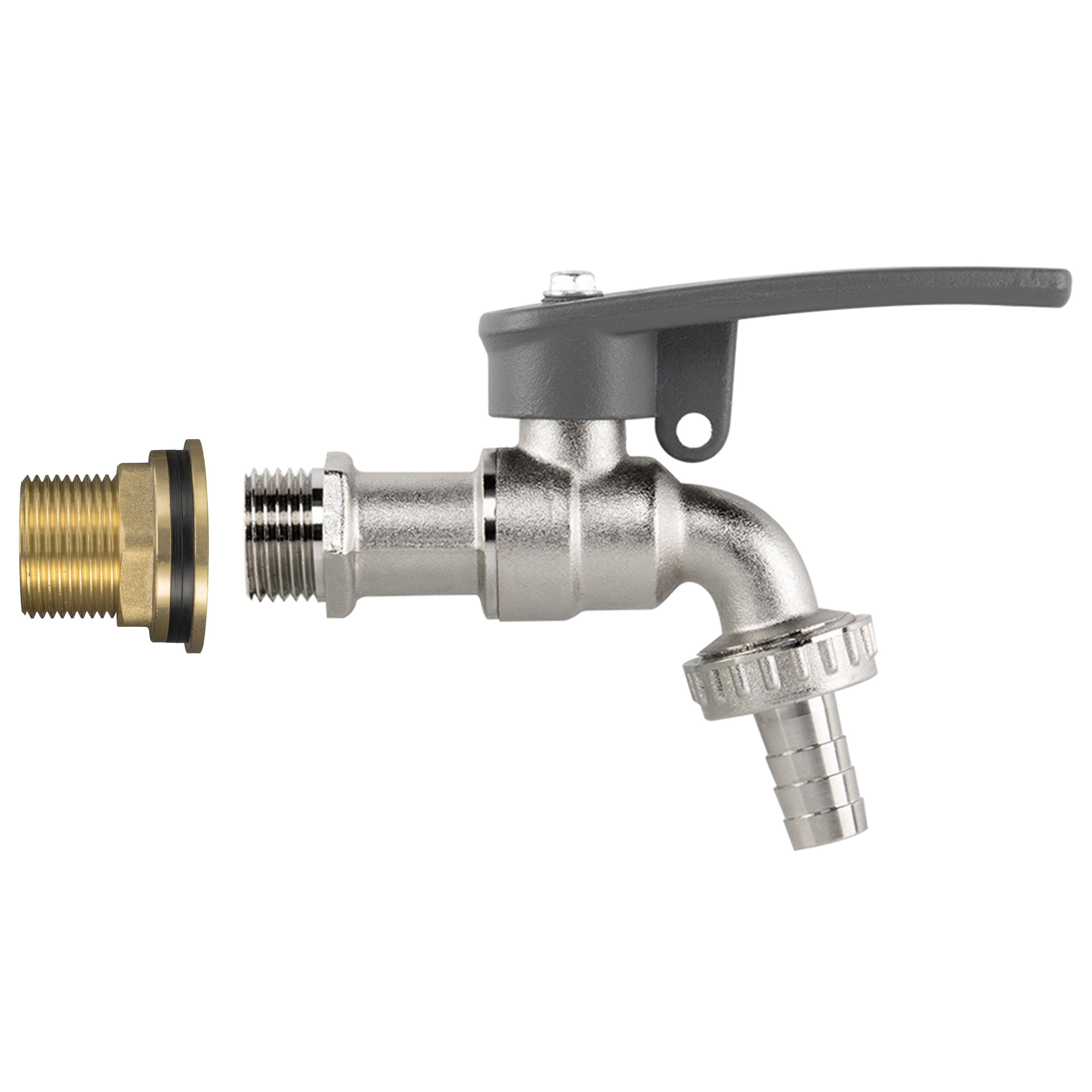 Water Butt Brass Kit 3/4in with Lever Tap Hose Barb and Side Lock Barb Connector
