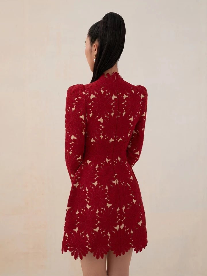 Short lace prom dress with padded long sleeves party overlay dress