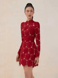 Short lace prom dress with padded long sleeves party overlay dress