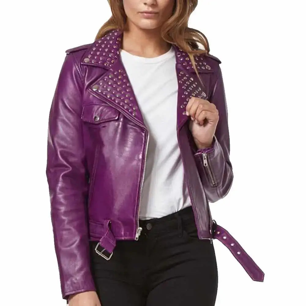 Women’s Purple Leather Studded Biker Fashion Jacket