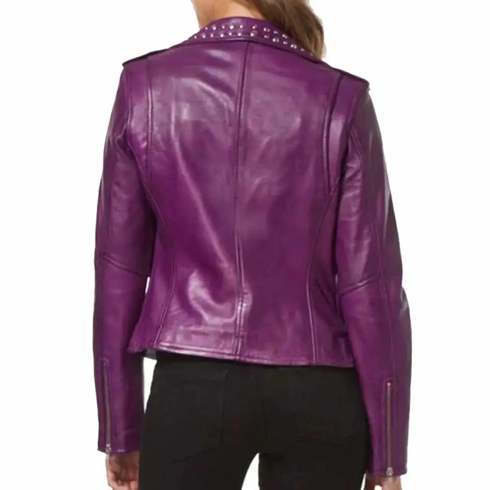 Women’s Purple Leather Studded Biker Fashion Jacket