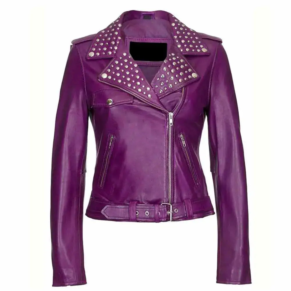Women’s Purple Leather Studded Biker Fashion Jacket